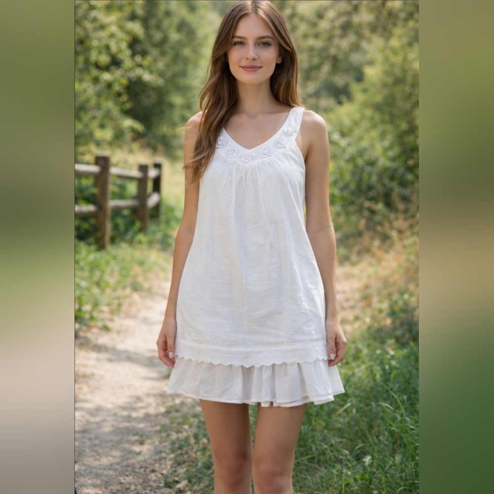 TCEC White Sleeveless Ruffled Cotton Sundress Small Cottagecore Summer Coastal